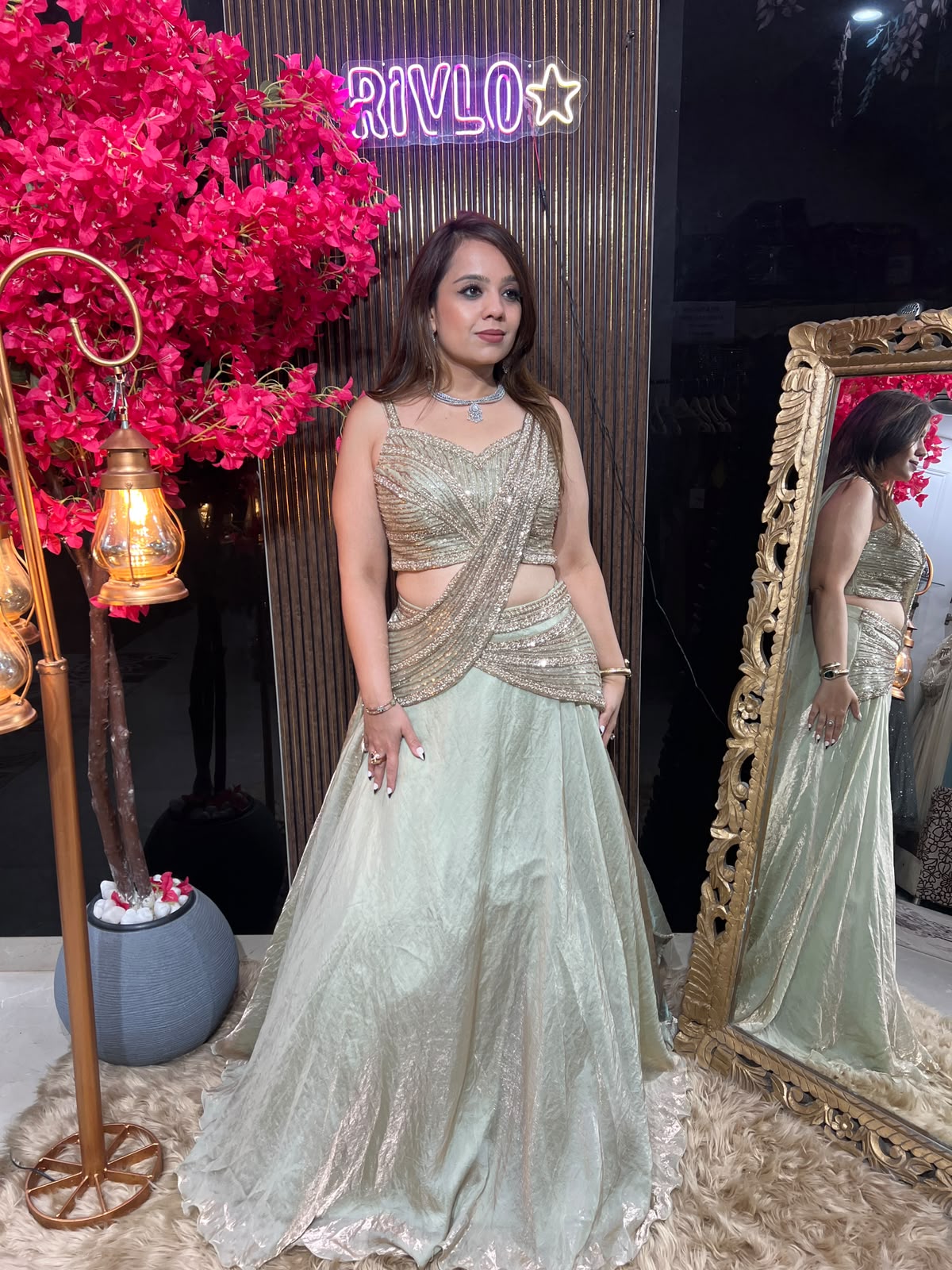 Mint Green Drape Lehenga Set AC103