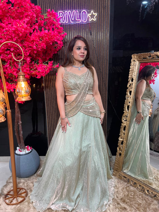 Mint Green Drape Lehenga Set AC103