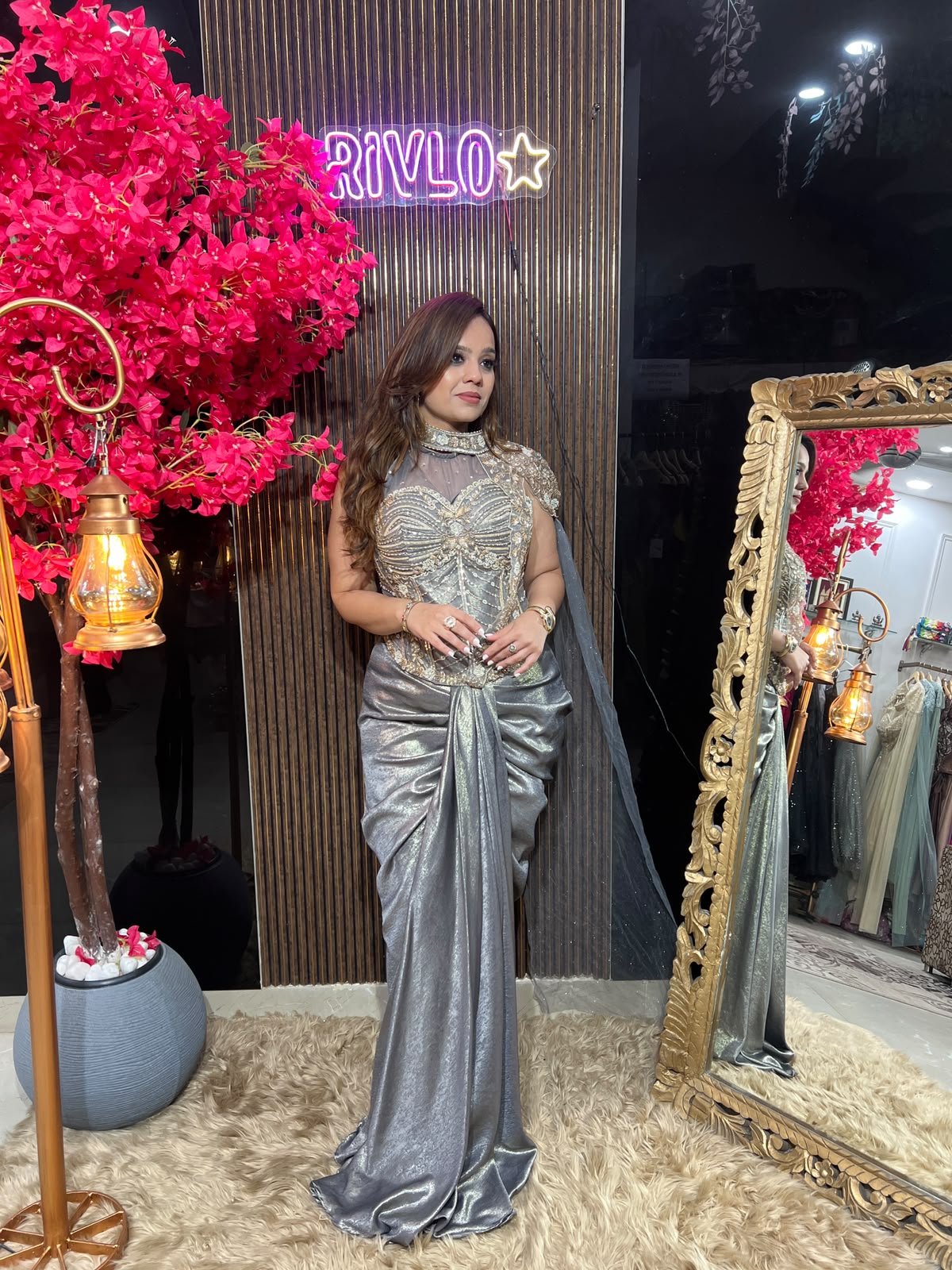 Rose Gold & Grey Sculpted Drape Saree RC616