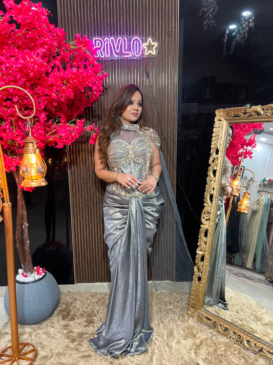 Rose Gold & Grey Sculpted Drape Saree RC616
