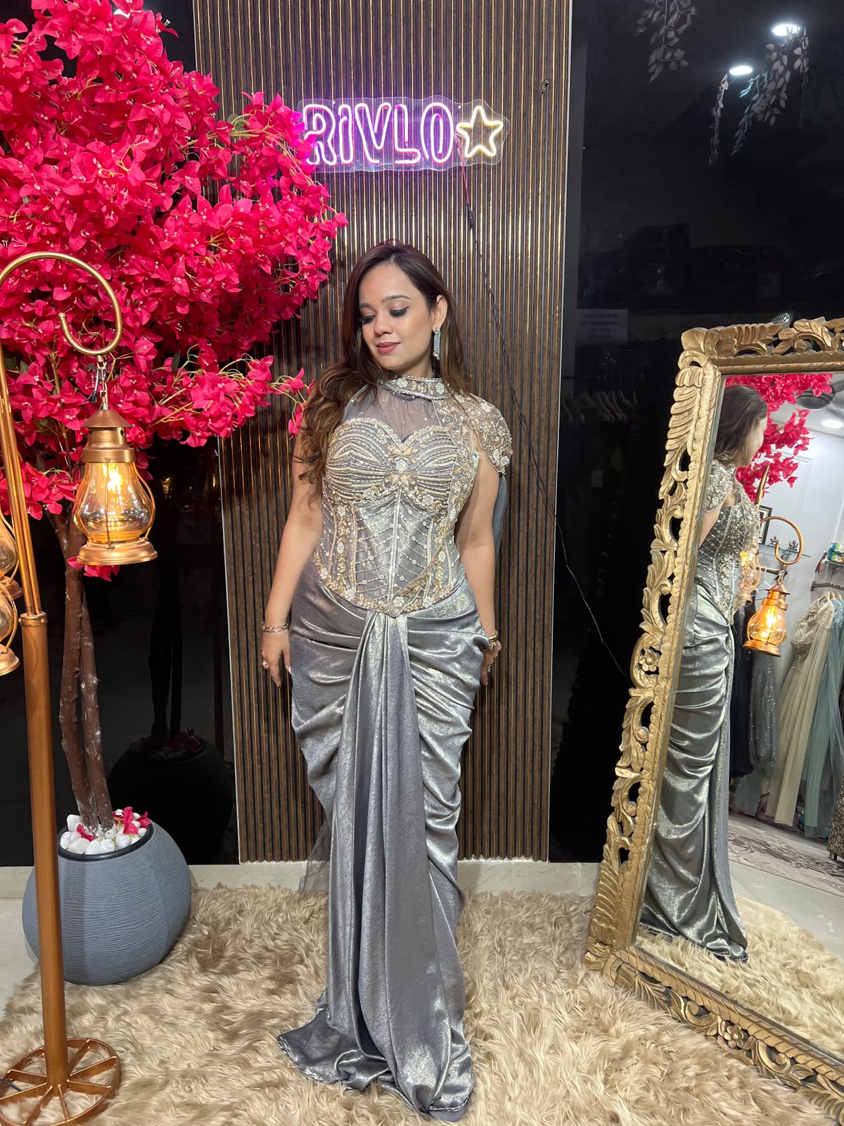 Rose Gold & Grey Sculpted Drape Saree RC616