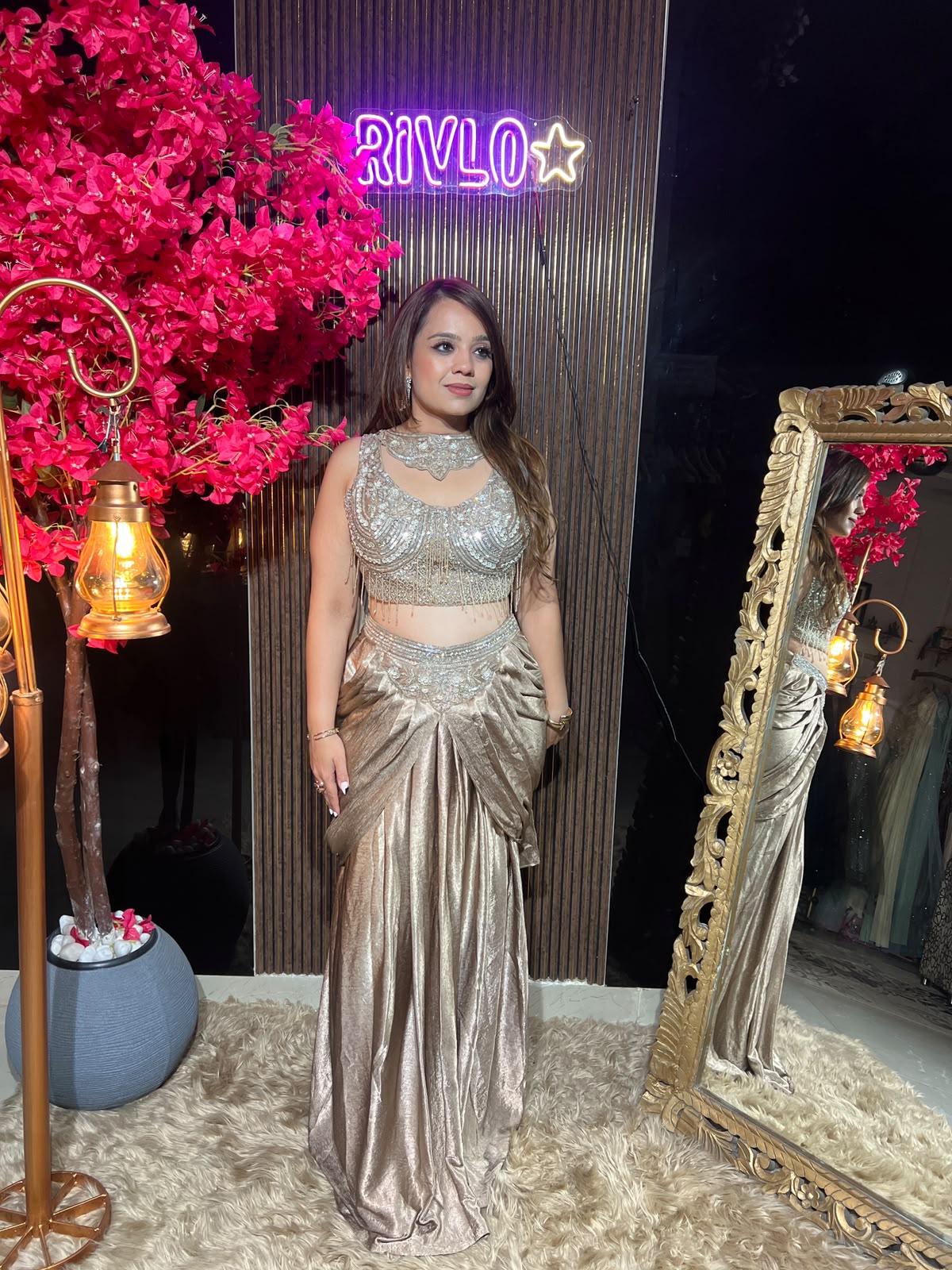 Champagne Draped Metallic Skirt Set RC617