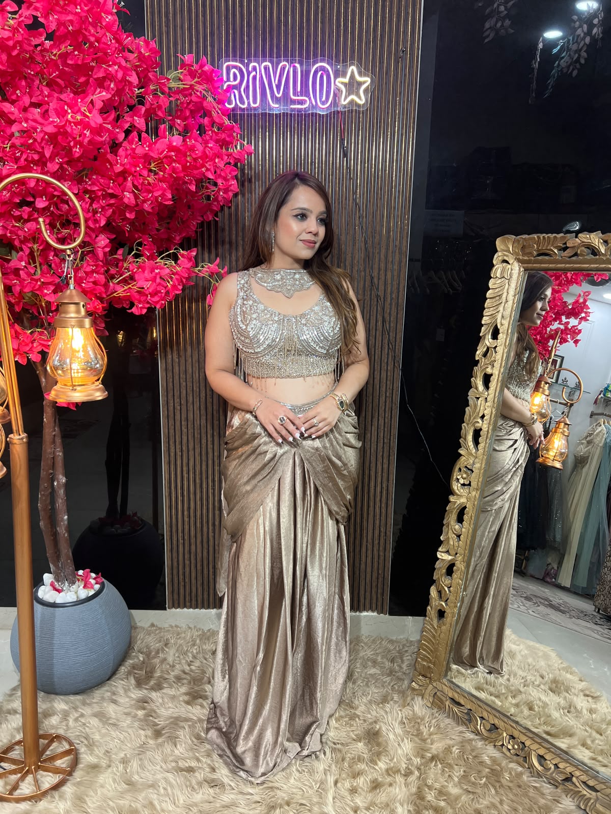 Champagne Draped Metallic Skirt Set RC617