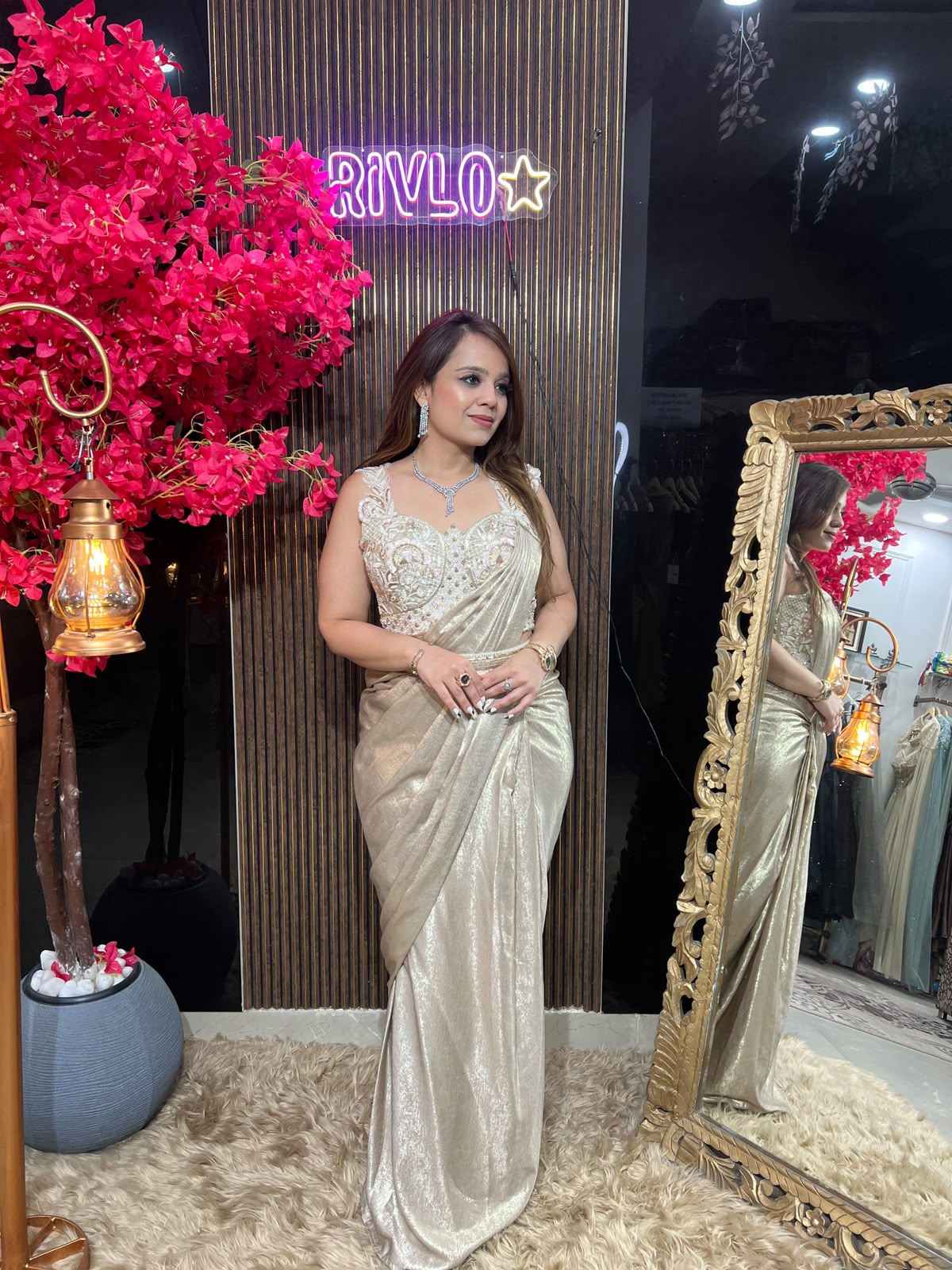 Ice Blue,Pink & Gold Pearl Drape Saree RC615