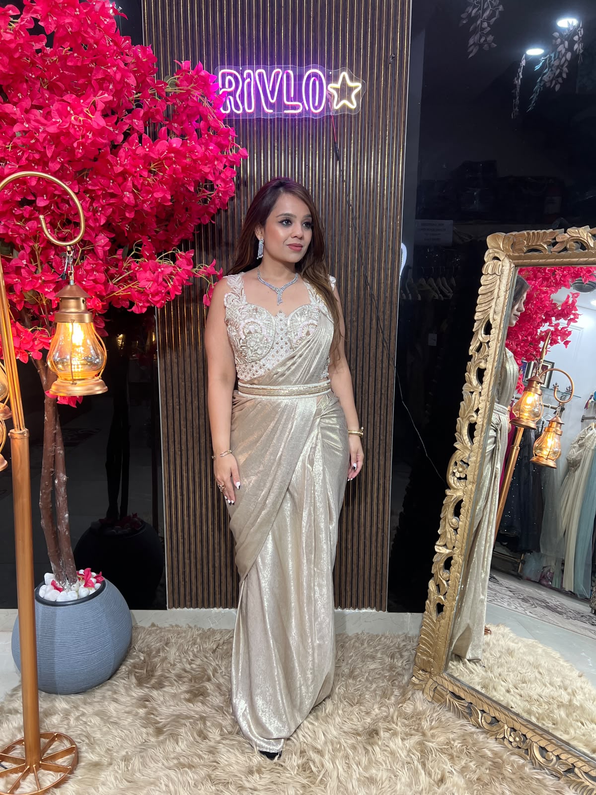 Ice Blue,Pink & Gold Pearl Drape Saree RC615