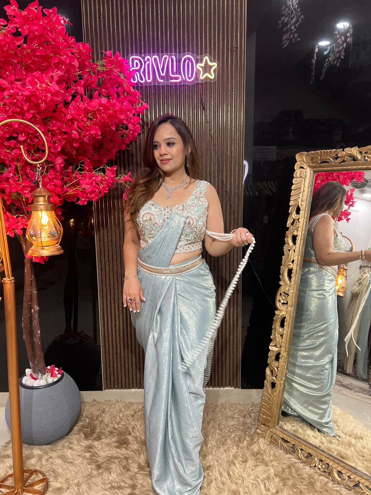 Ice Blue,Pink & Gold Pearl Drape Saree RC615