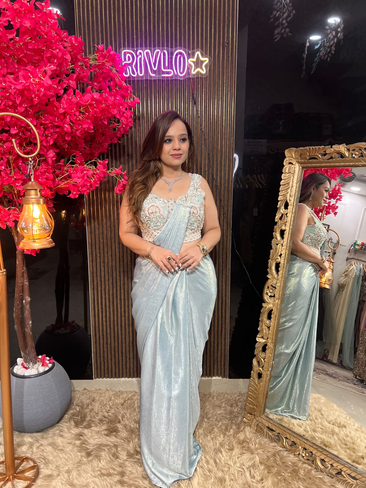 Ice Blue,Pink & Gold Pearl Drape Saree RC615