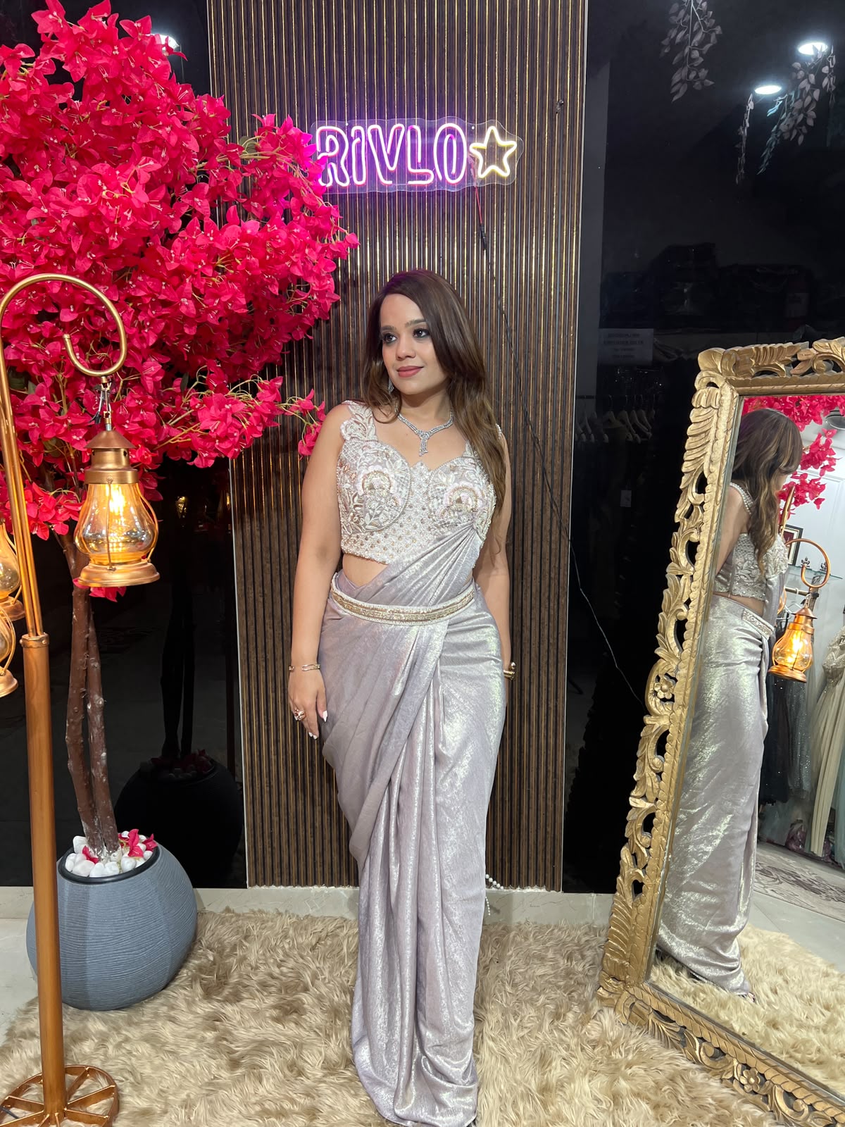 Ice Blue,Pink & Gold Pearl Drape Saree RC615