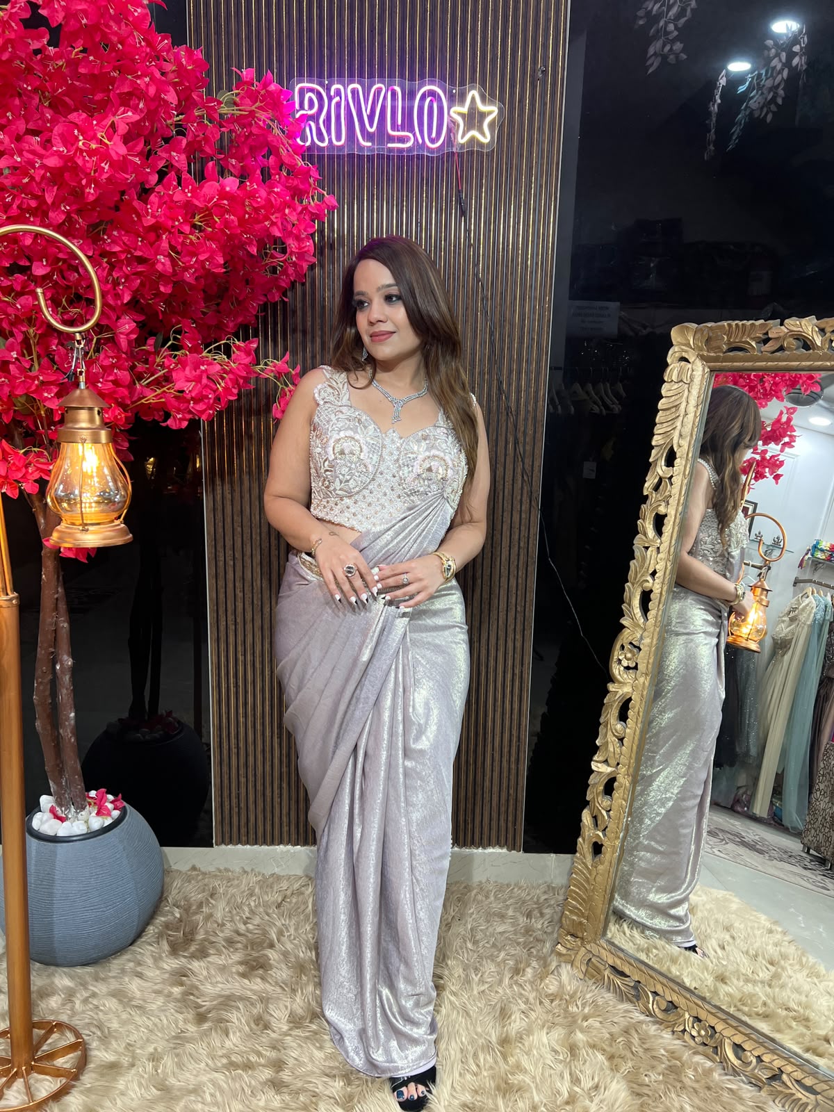 Ice Blue,Pink & Gold Pearl Drape Saree RC615