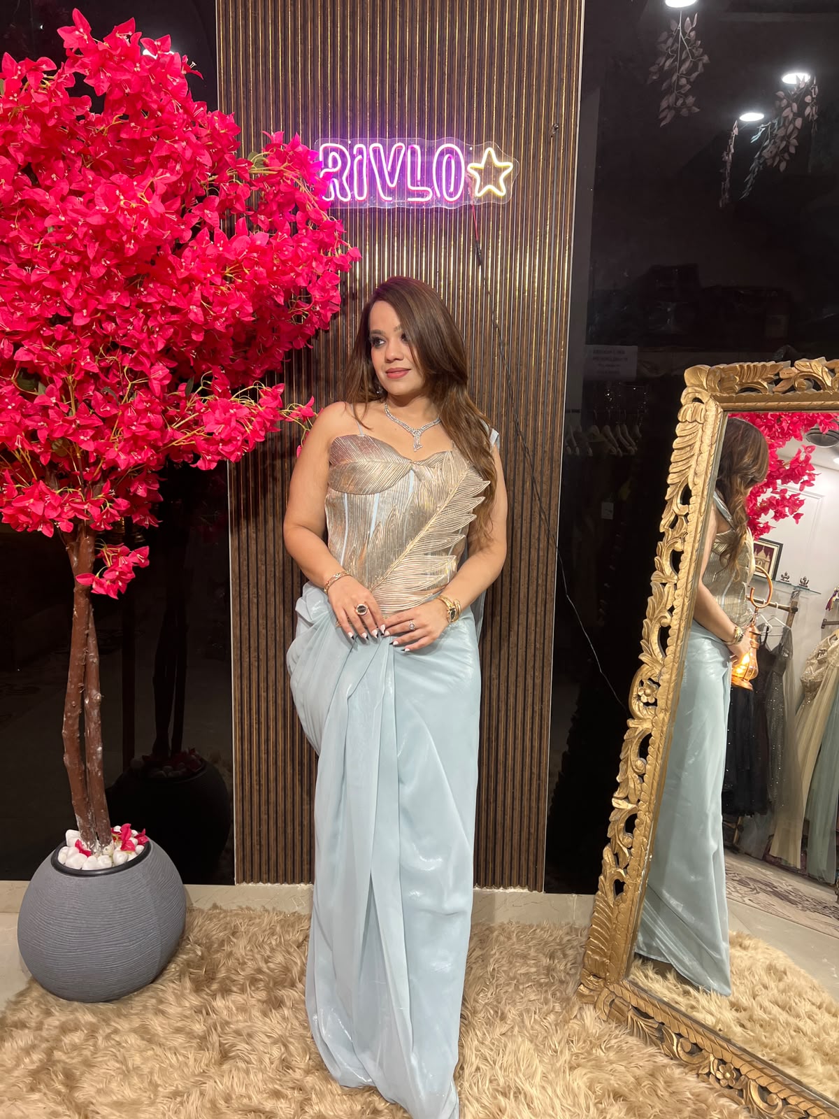 Ice Blue,Blush Pink & Gold Feather Drape Saree RC613
