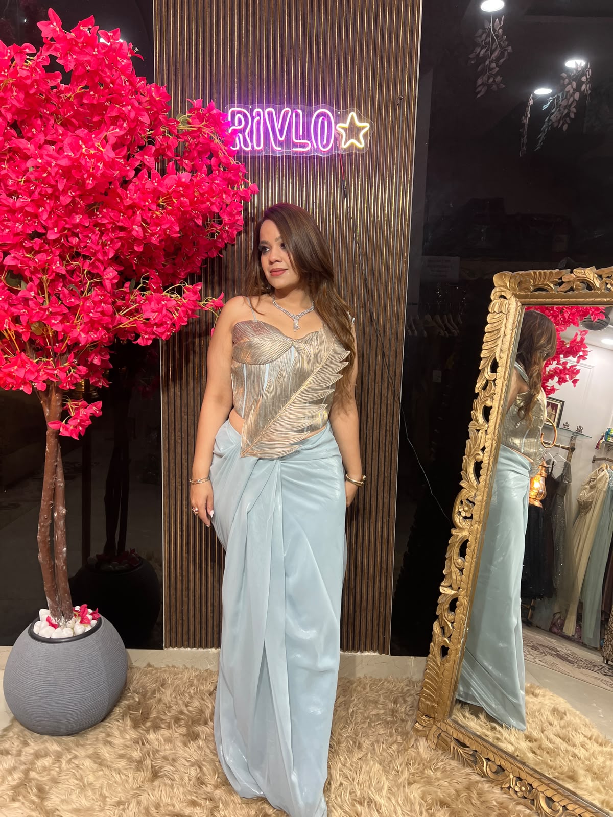 Ice Blue,Blush Pink & Gold Feather Drape Saree RC613