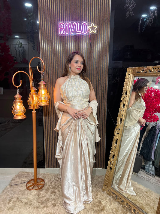 Ivory And Rose Gold Serpentine Embellished Drape Set ✨ RC553