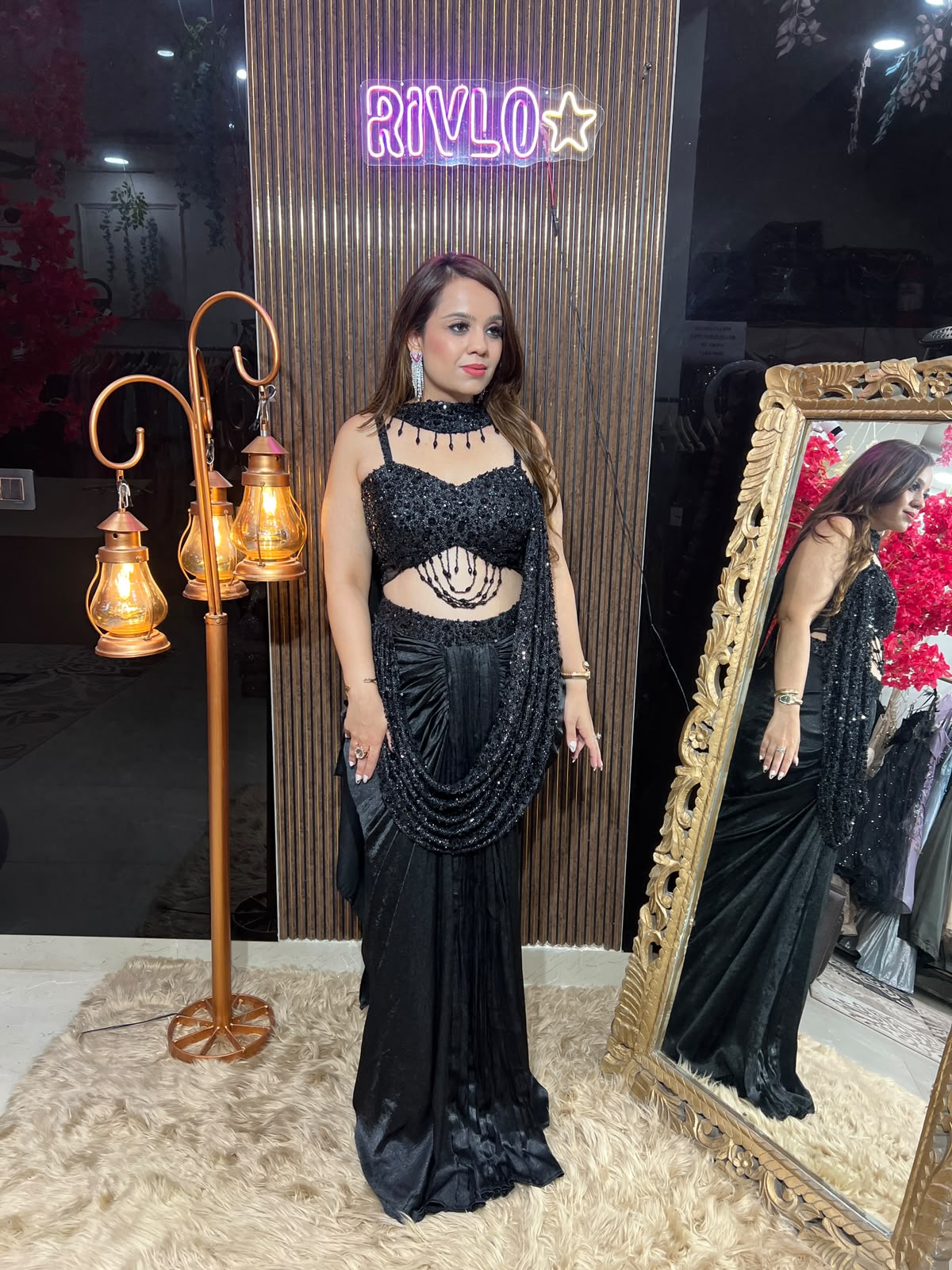 Black Drape Sequin Indo Saree AC107