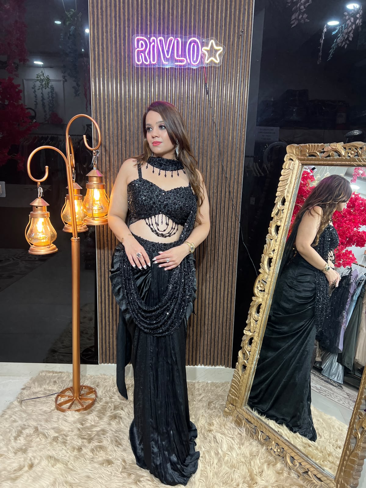 Black Drape Sequin Indo Saree AC107