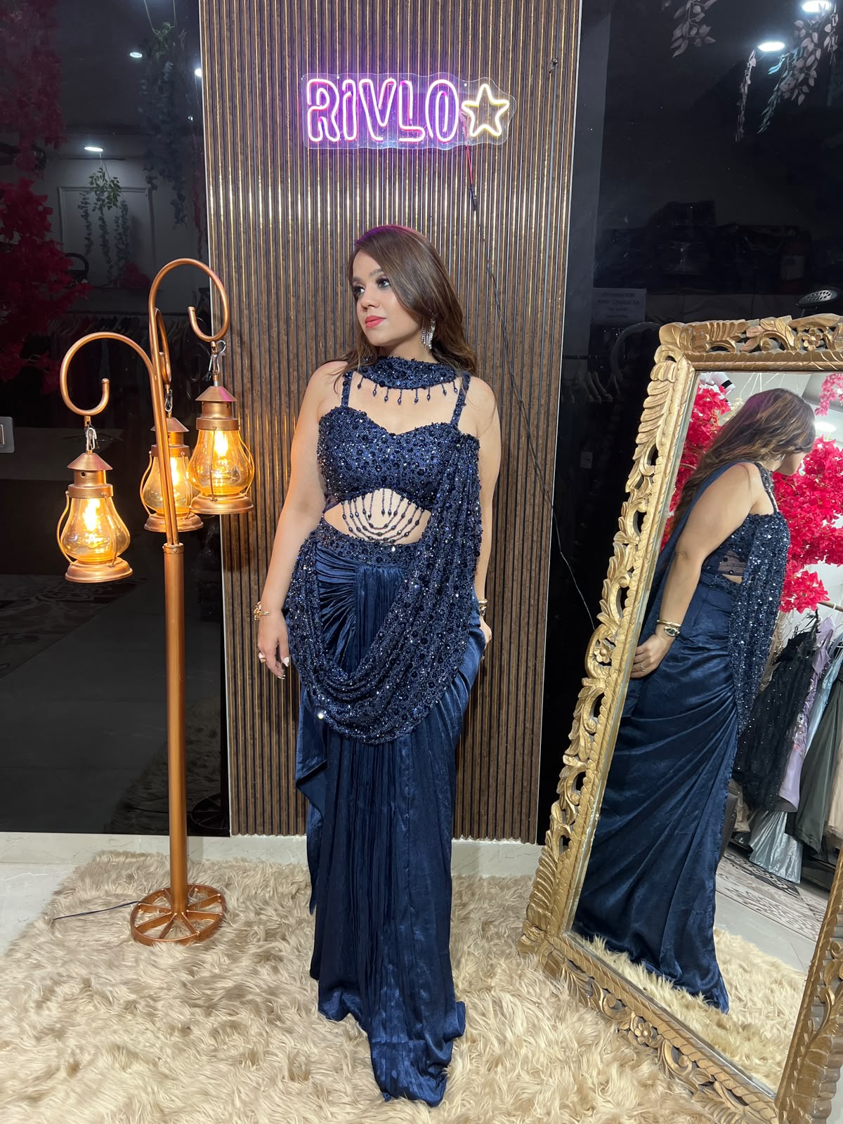 Blue Drape Sequin Indo Saree AC106
