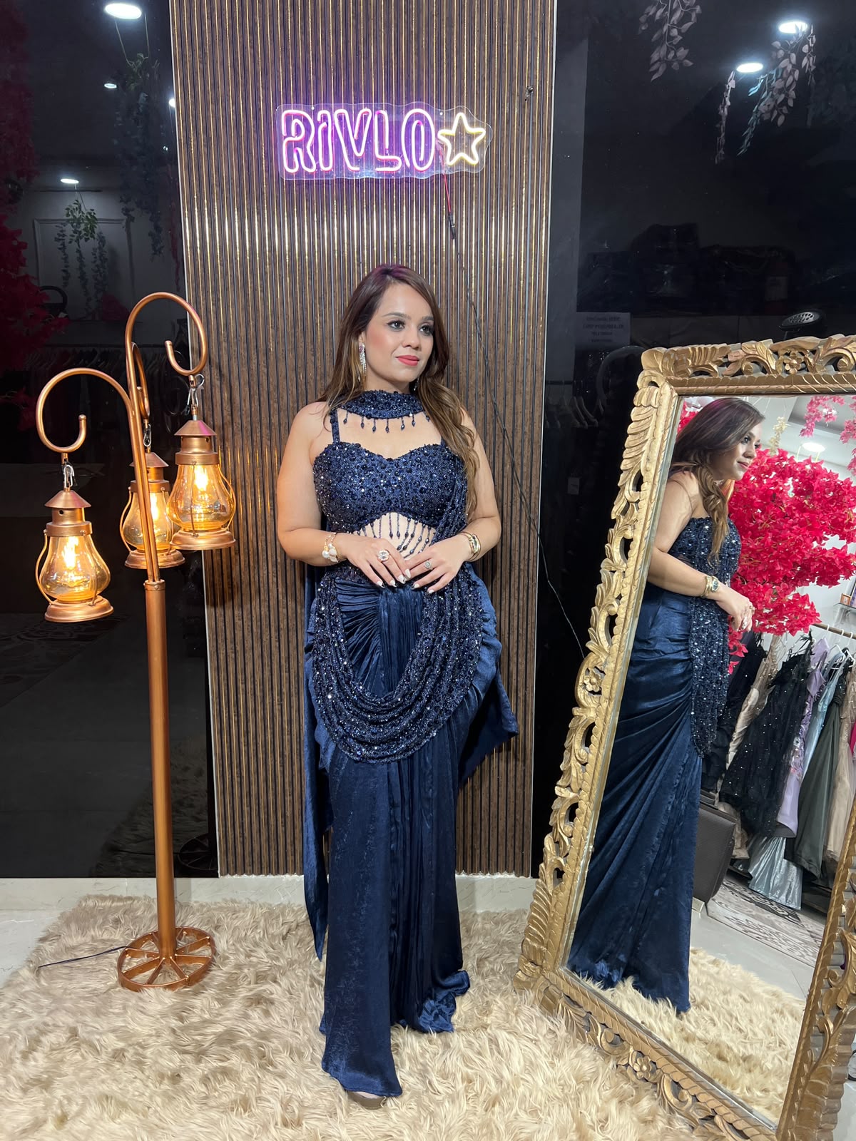 Blue Drape Sequin Indo Saree AC106
