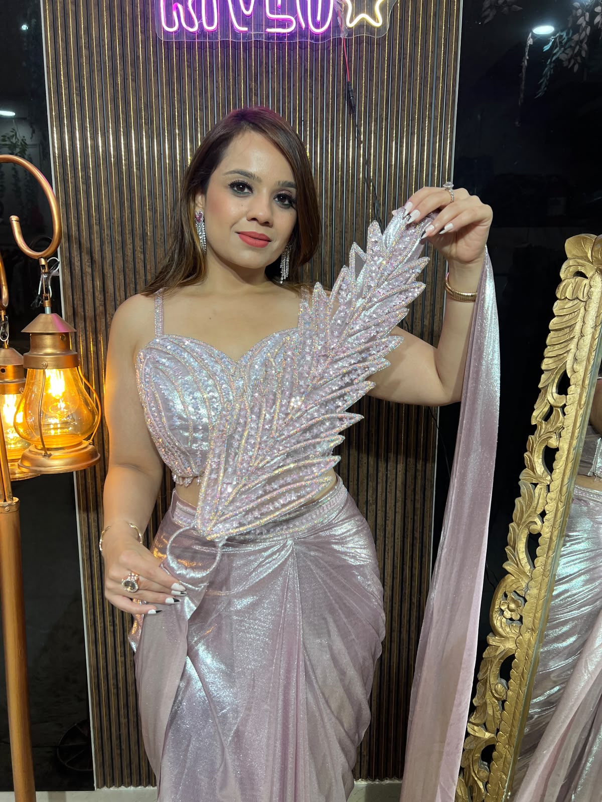 PINK, SILVER N BLUE METALIC 3 LEAF DRAPE SAREE RC618