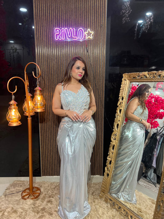 PINK, SILVER N BLUE METALIC 3 LEAF DRAPE SAREE RC618