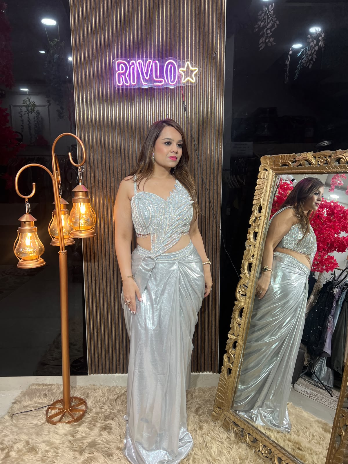 PINK, SILVER N BLUE METALIC 3 LEAF DRAPE SAREE RC618