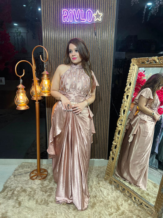 Ivory And Rose Gold Serpentine Embellished Drape Set ✨ RC553