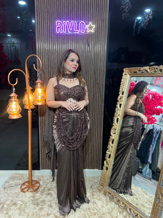 Brown Drape Sequin Indo Saree AC106
