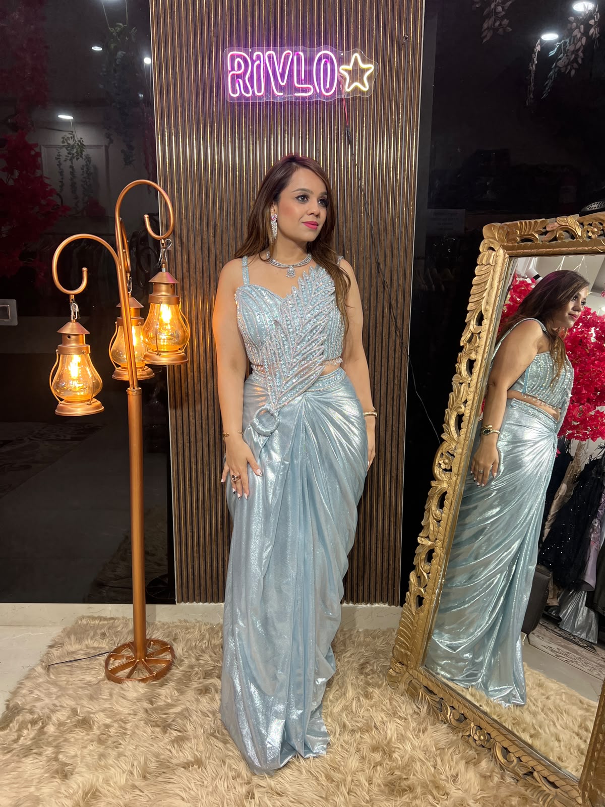 PINK, SILVER N BLUE METALIC 3 LEAF DRAPE SAREE RC618