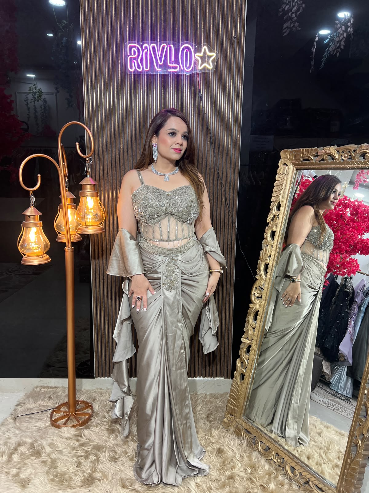 Champagne Draped Corset Saree RC623