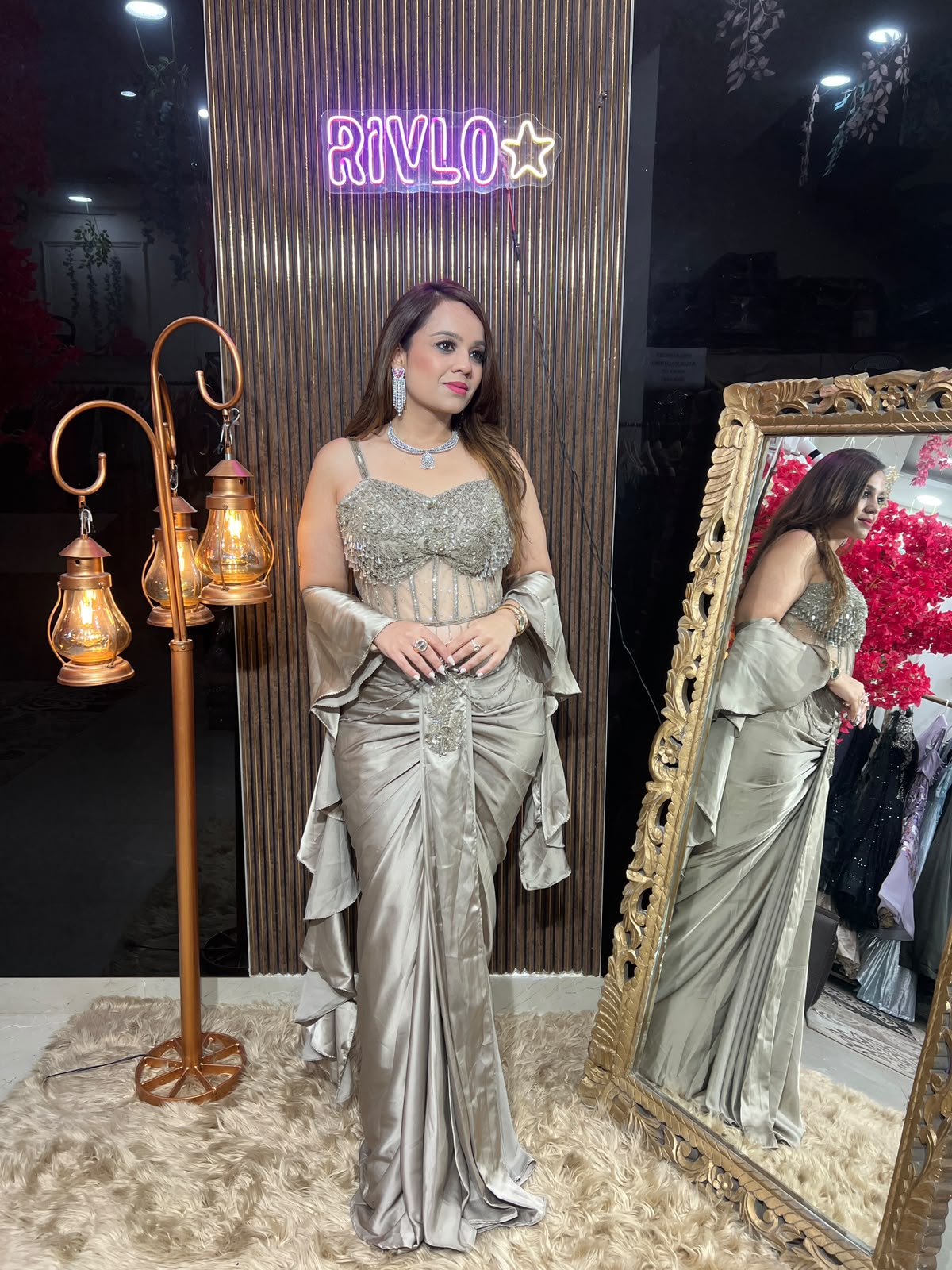 Champagne Draped Corset Saree RC623