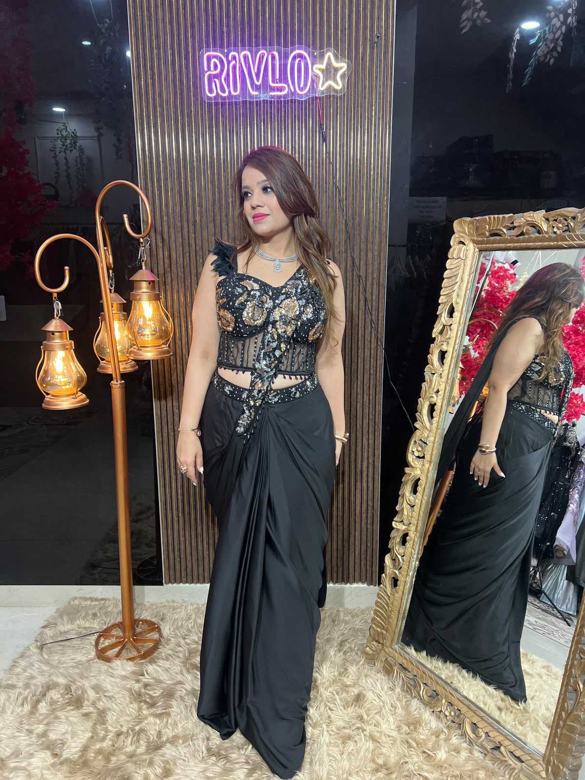 Black Heavy work drape with guitar dupatta RC619