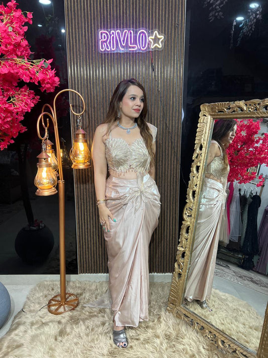 Rose Gold Draped Saree Set AC111
