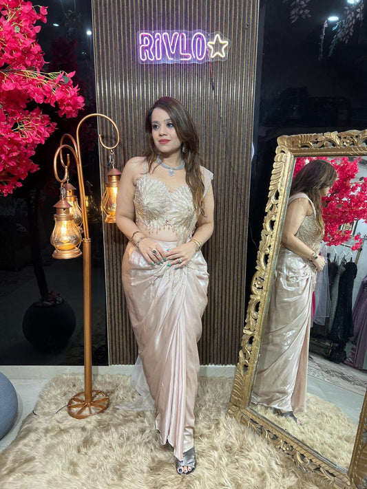 Rose Gold Draped Saree Set AC111