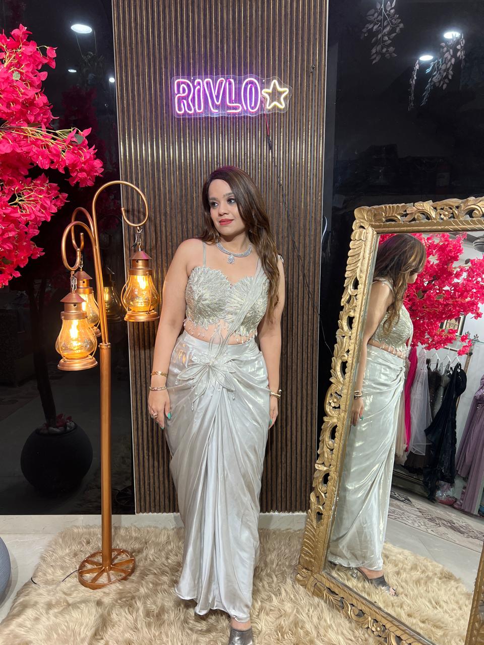 Ivory Pearl Draped Saree Set AC110