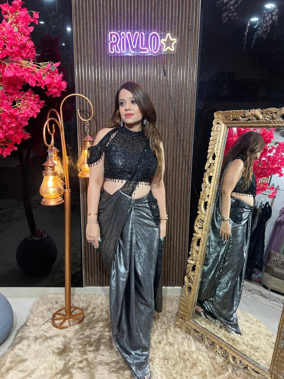 Noir Black N Silver Luxe Draped Co-Ord Set RC626