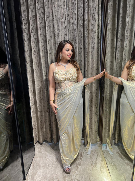 Champagne Royale Muti Embellished Drape Saree AC108