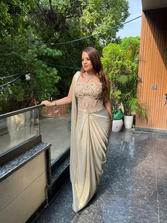 Champagne Royale Muti Embellished Drape Saree AC108