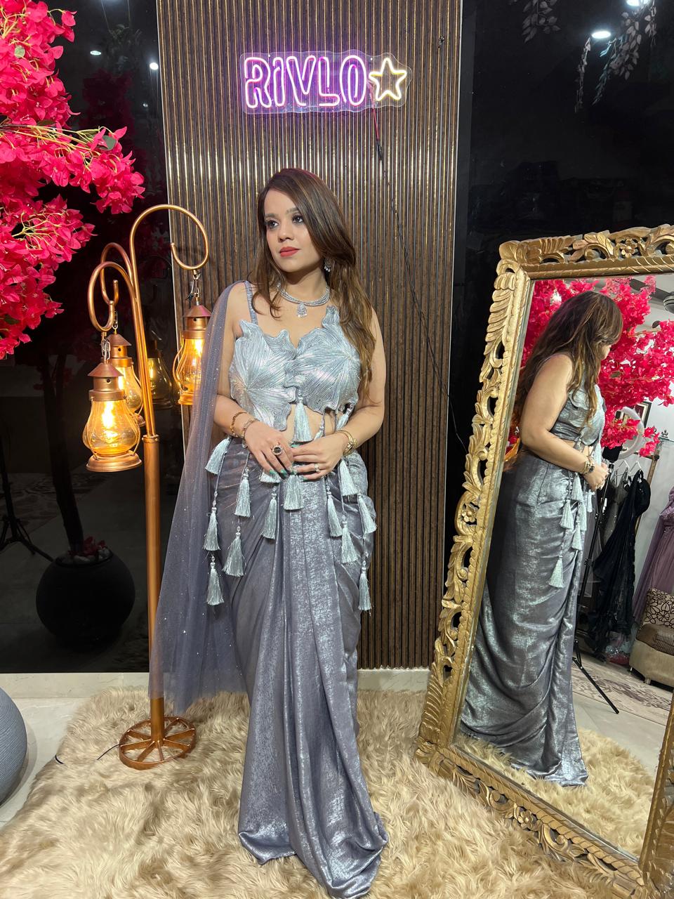 Grey Draped Saree Set AC113