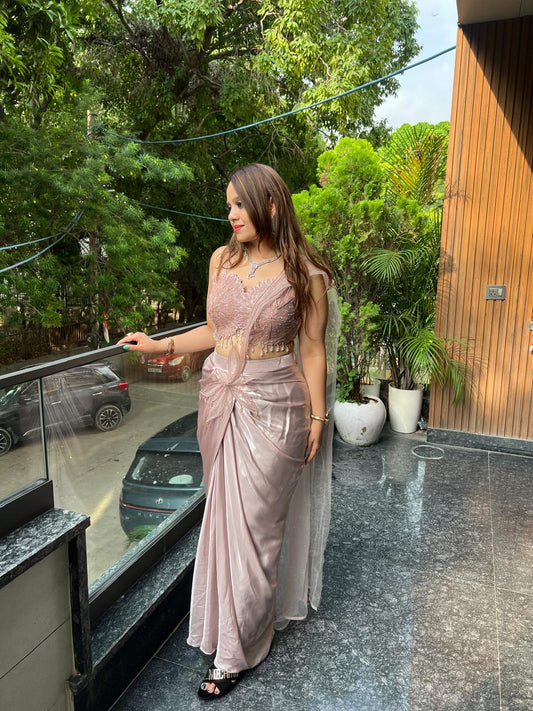 Rose Pink Draped Saree Set AC112