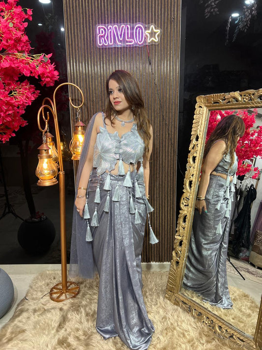Grey Draped Saree Set AC113