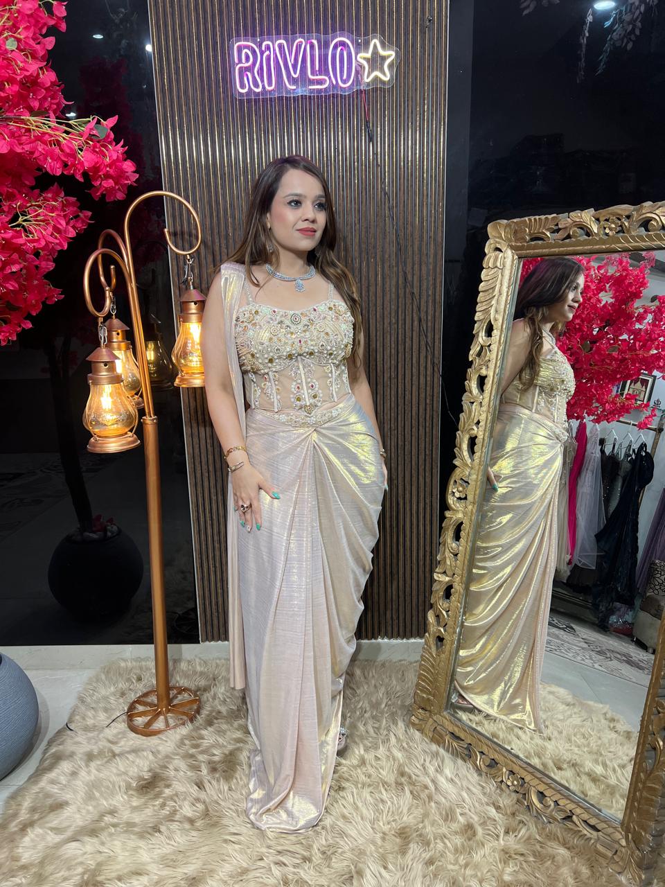 Rose Gold Royale Muti Embellished Drape Saree AC109