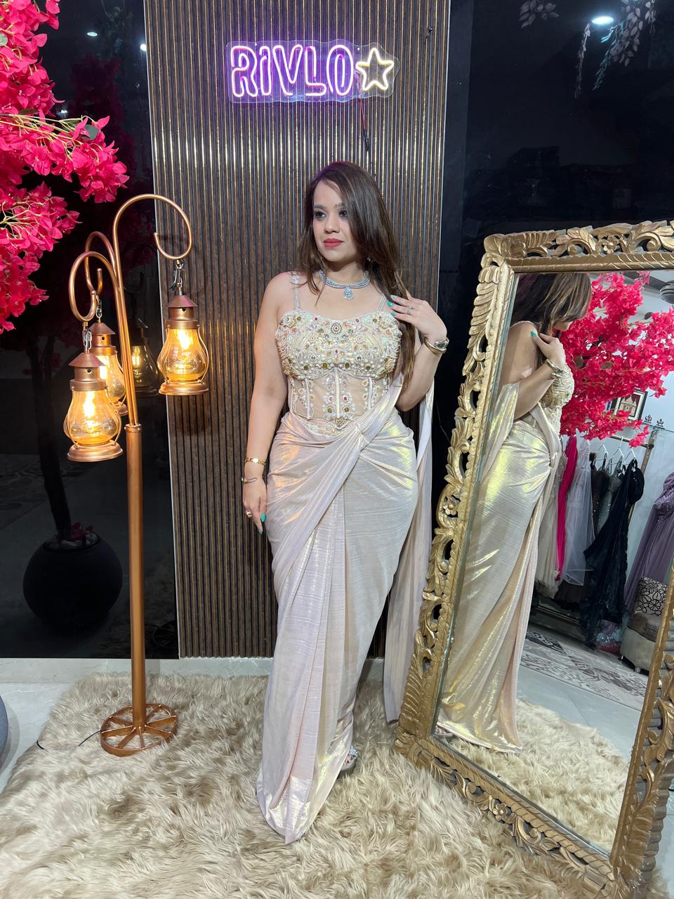 Rose Gold Royale Muti Embellished Drape Saree AC109