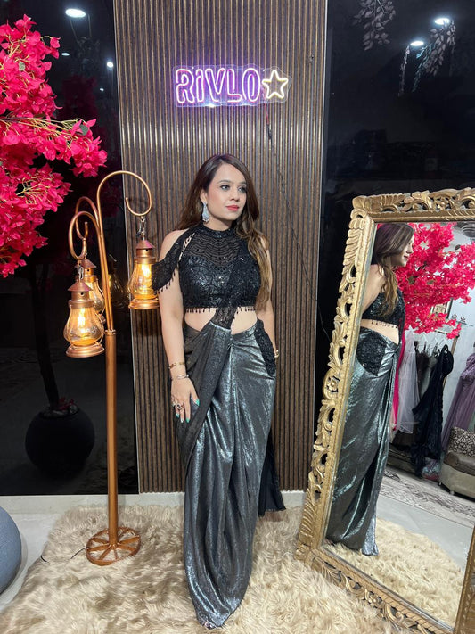 Noir Black N Silver Luxe Draped Co-Ord Set RC626