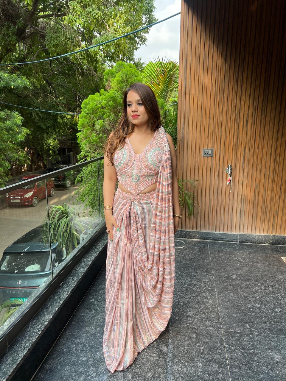 Peach Mirage Embellished Drape Saree RC629