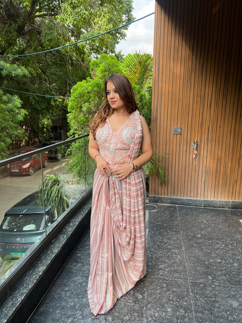 Peach Mirage Embellished Drape Saree RC629