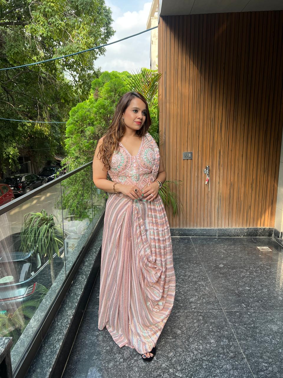 Peach Mirage Embellished Drape Saree RC629