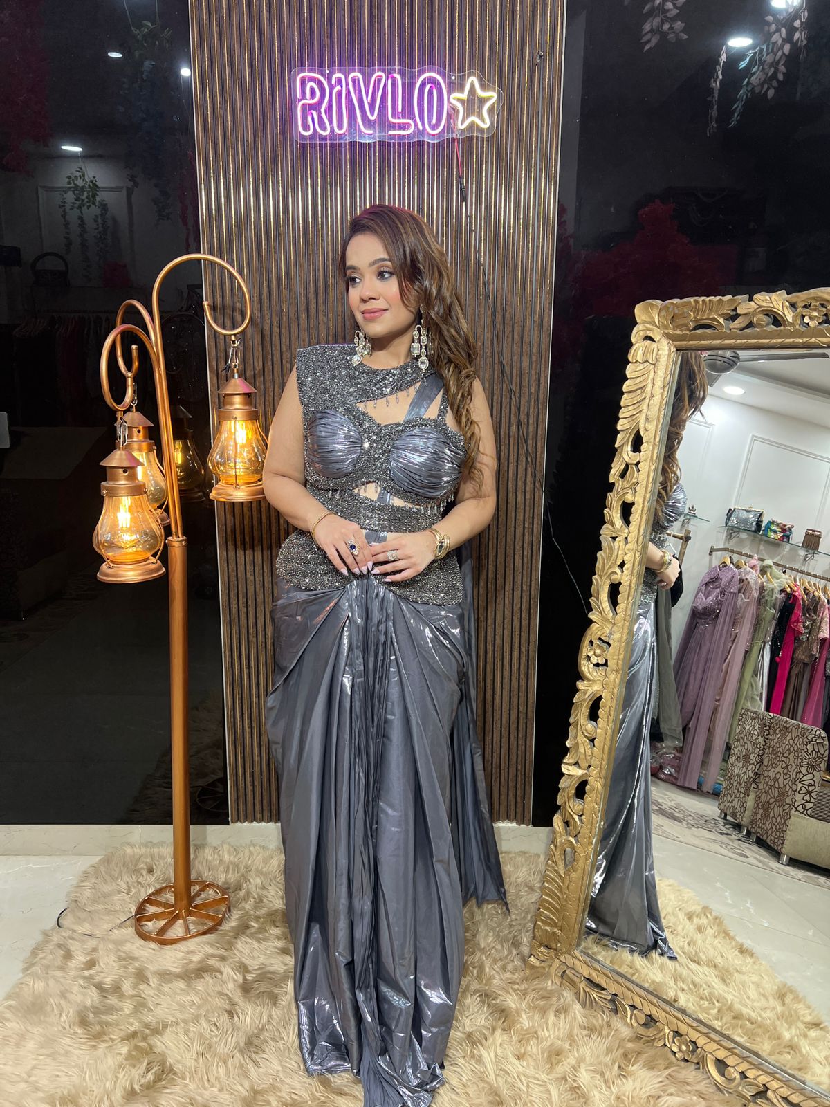 Silver and Black Gunmetal Glam Drape Set RC633