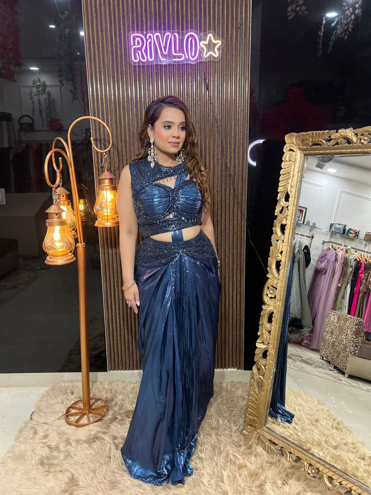 Blue and champagne  Gunmetal Glam Drape Set RC634