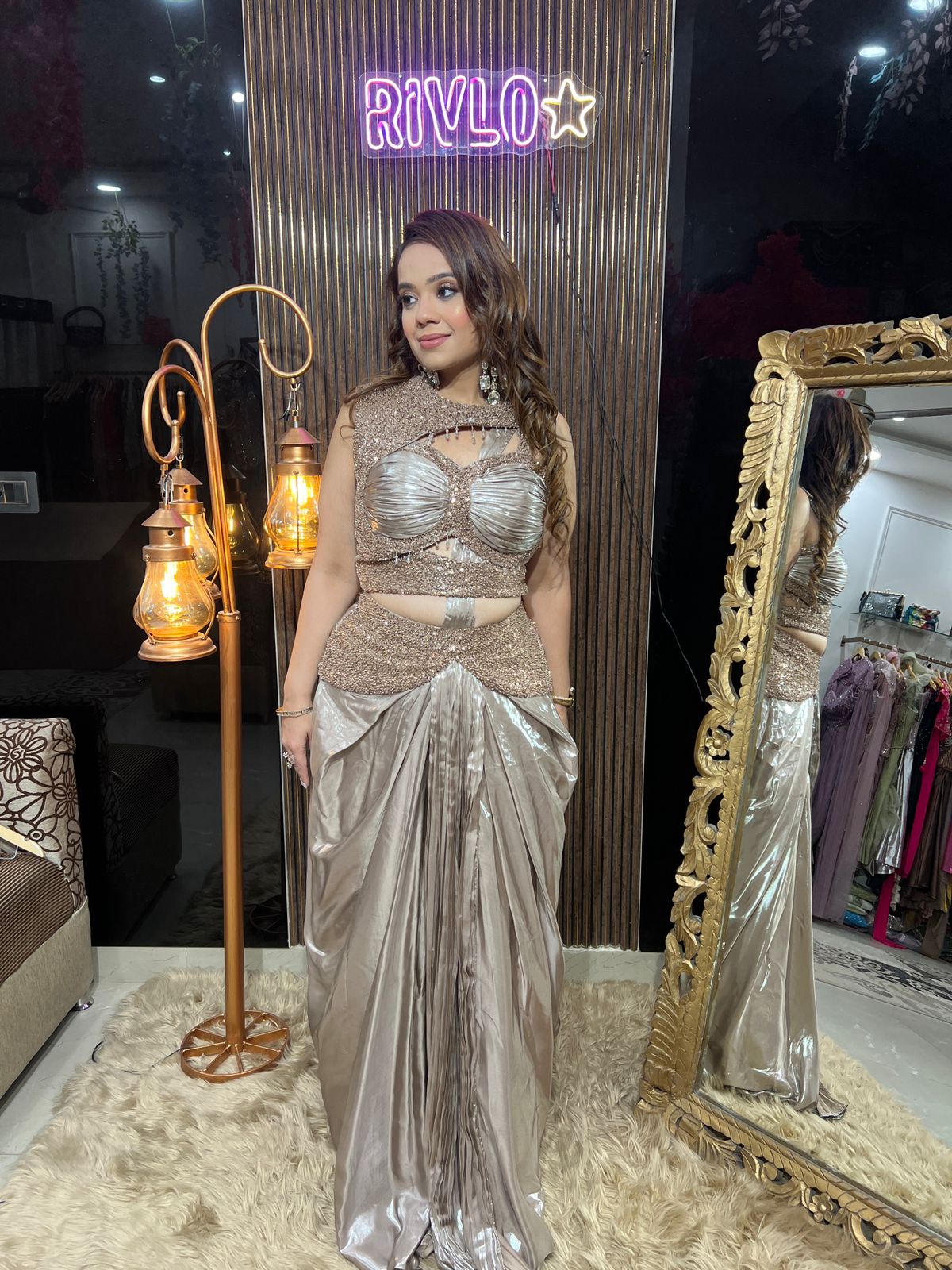Blue and champagne  Gunmetal Glam Drape Set RC634
