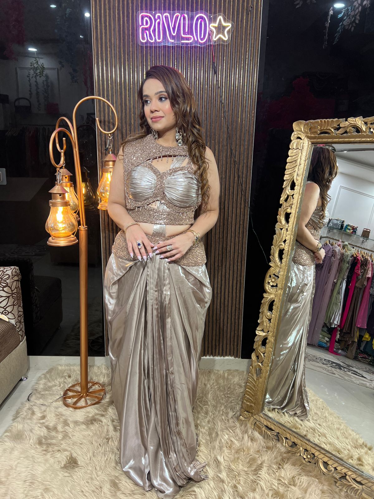 Blue and champagne  Gunmetal Glam Drape Set RC634