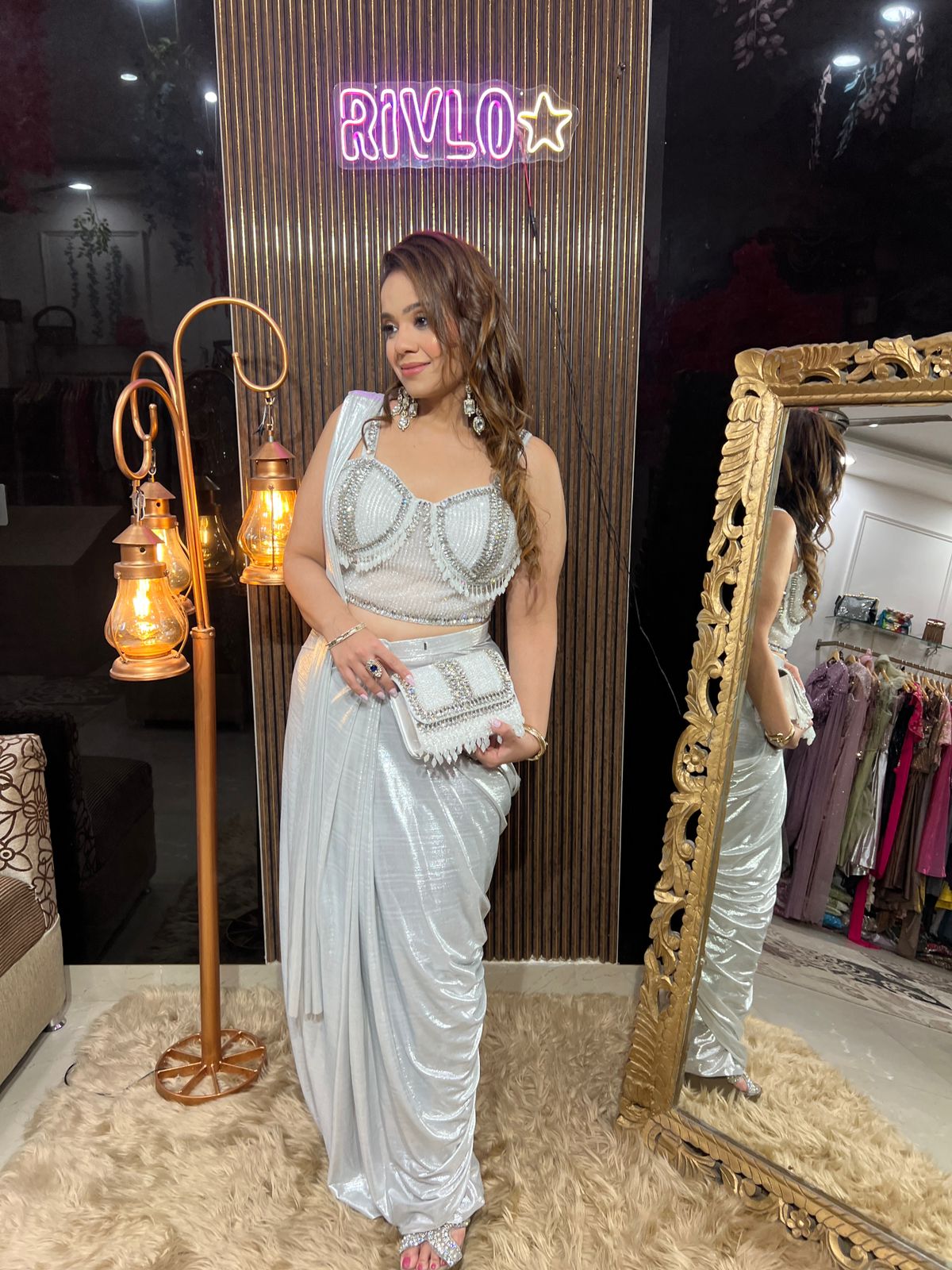 Silver Shimmer Drape Saree With Stylish Bag AC114