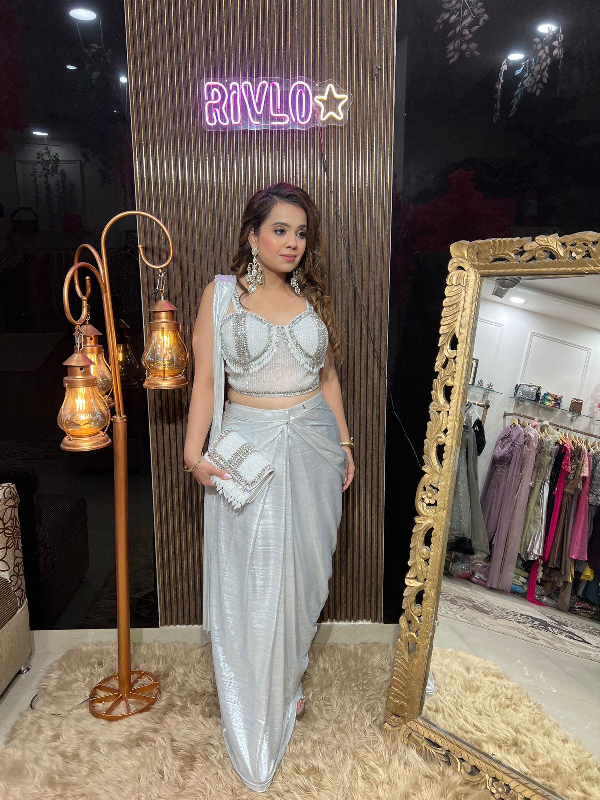 Silver Shimmer Drape Saree With Stylish Bag AC114